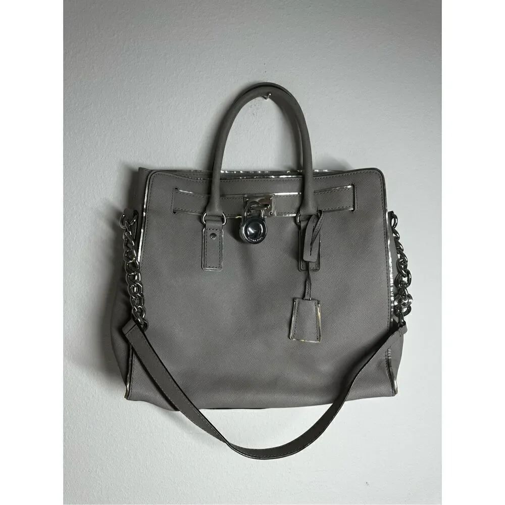 MICHAEL KORS HAMILTON LARGE PEARL GRAY LEATHER SILVER LOCK NS TOTE BAG SEE NOTES